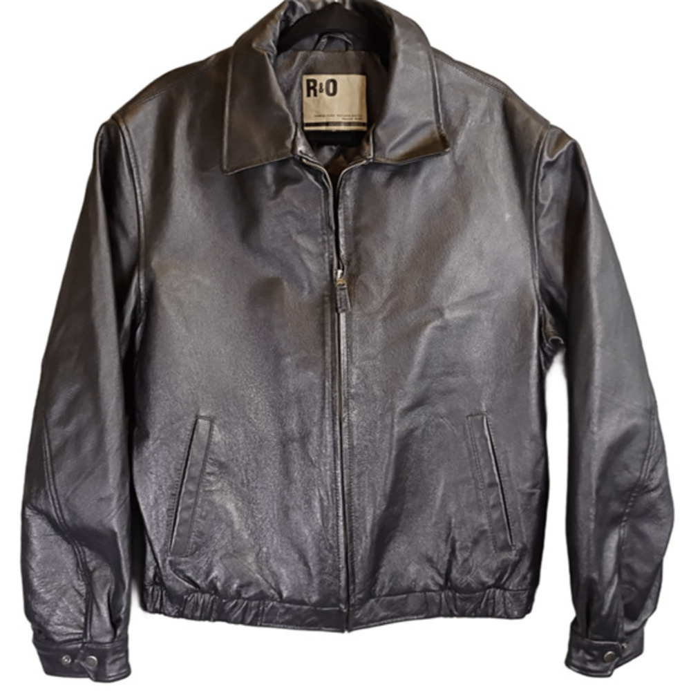 R&O Mens Medium Black Leather Bomber‎ Jacket Quilted Lining Casual Outerwear